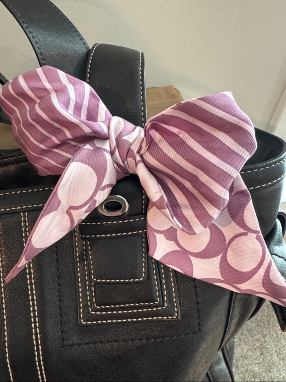 COACH Purple Signature Silk Skinny Scarf- Reversible Stripe & Monogram - Picture 4 of 4
